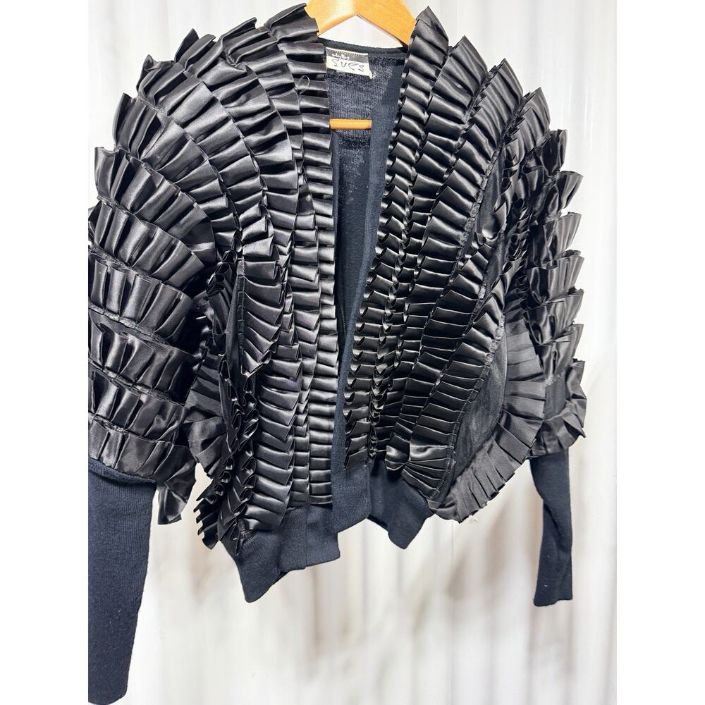 VTG Phyllis Sues Black Knit Cardigan Ruffle Satin Bolero Jacket Sz Sm Tango - Picture 2 of 13